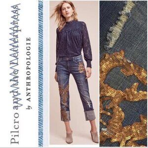 Stunning Pilcro Anthropologie Hyphen Gold Sequin Applique Boyfriend Jeans 32